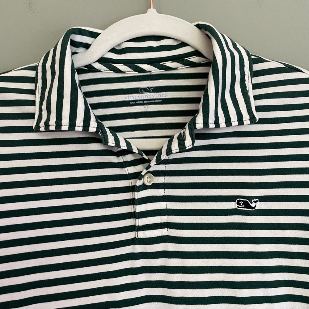 3 for $30 | Vineyard Vines 100% Pima Cotton Green White Stripe Long Sleeve Polo - Picture 3 of 15